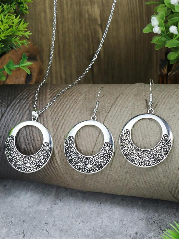 Boho Ethnic Style Hollow Out Design Dangle Earrings & Necklace (3counts set), Vintage Jewelry Set for Women, Fashion Accessories for Party, Daily Clothing Decor