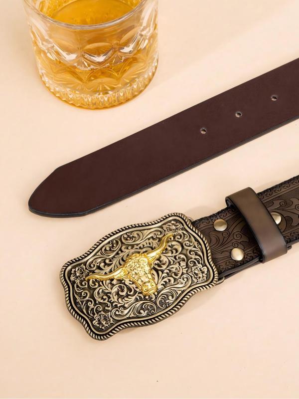 Boho Style Ethnic Pattern Bull Head PU Leather Belt, Vintage Cowboy Style Buckle Belt, Fashionable Accessories for Women & Men