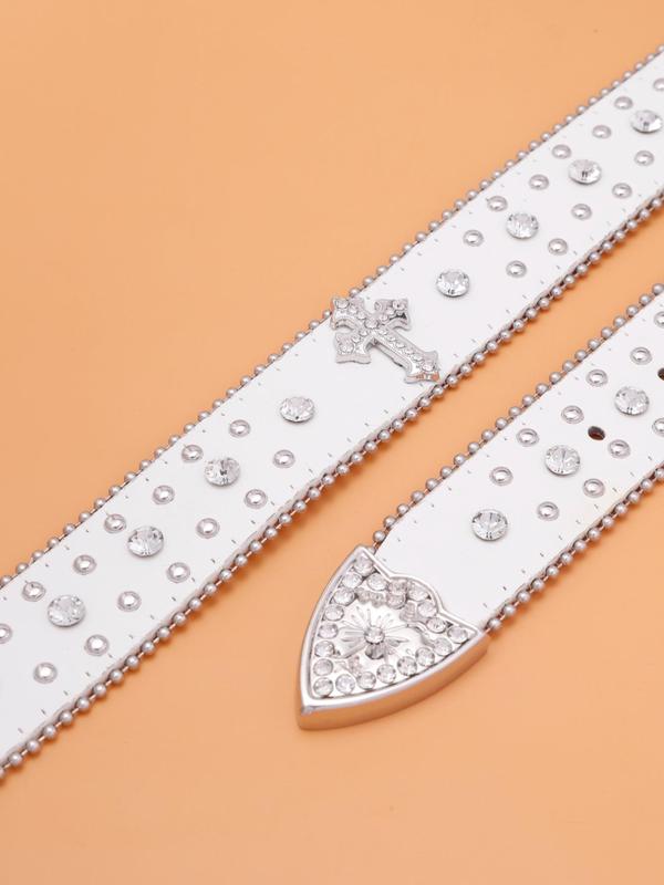 Punk Rhinestone & Cross Decor Designer Studded Belt Buckle for Jeans, Summer 2024 New Trendy Y2k Cross Western Belt for Women & Men, Casual Waistband for Party & Back To School, for Fall