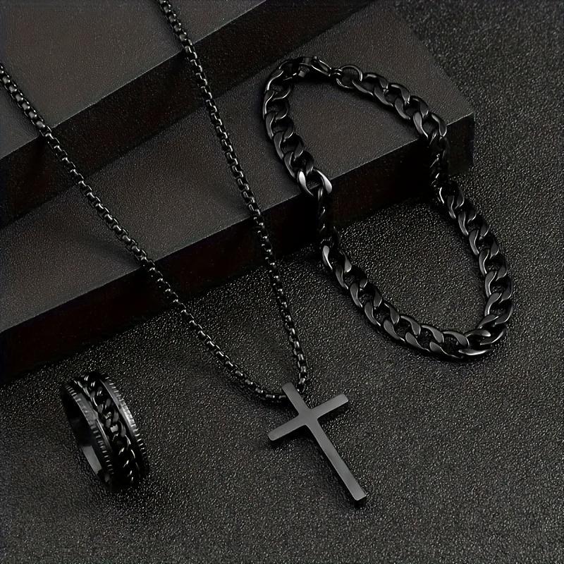 3 pcs set men's fashion alloy cross pendant necklace + bracelet + ring set