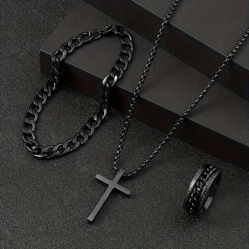 3 pcs set men's fashion alloy cross pendant necklace + bracelet + ring set