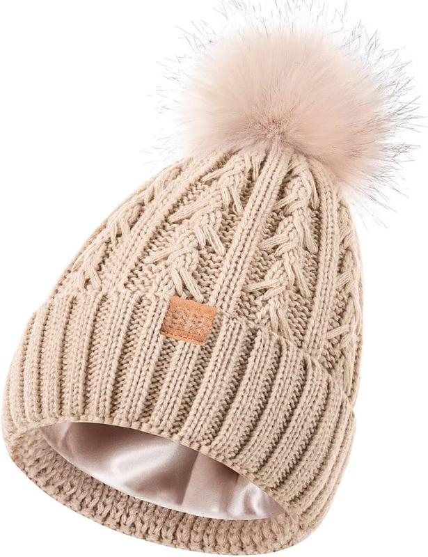 Satin Lined Beanie for Women with Pom Pom, Fashionable Womens Winter Hats Silk Beanies, Cute Warm Knit Hat Skull Cap