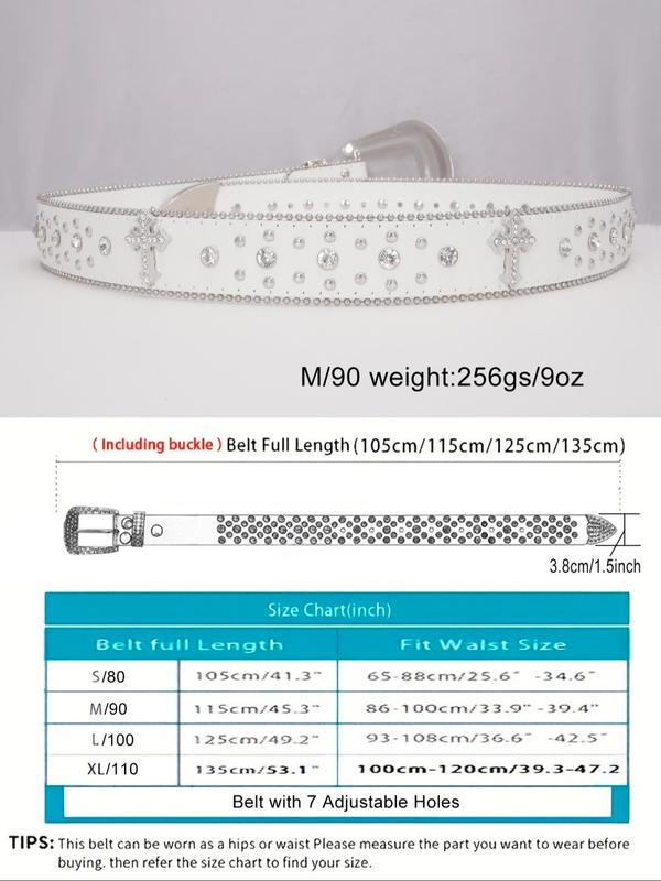 Punk Rhinestone & Cross Decor Designer Studded Belt Buckle for Jeans, Summer 2024 New Trendy Y2k Cross Western Belt for Women & Men, Casual Waistband for Party & Back To School, for Fall