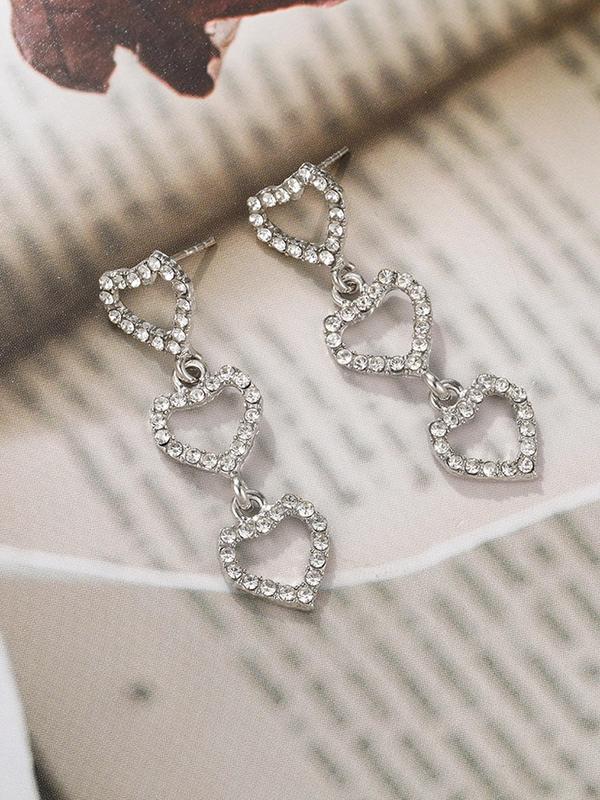 1 Pair Elegant Hollow Out Rhinestone Heart Decor Stud Earrings, Connected Heart Charm Stud Earrings, Fashion Jewelry Accessories For Women & Girls