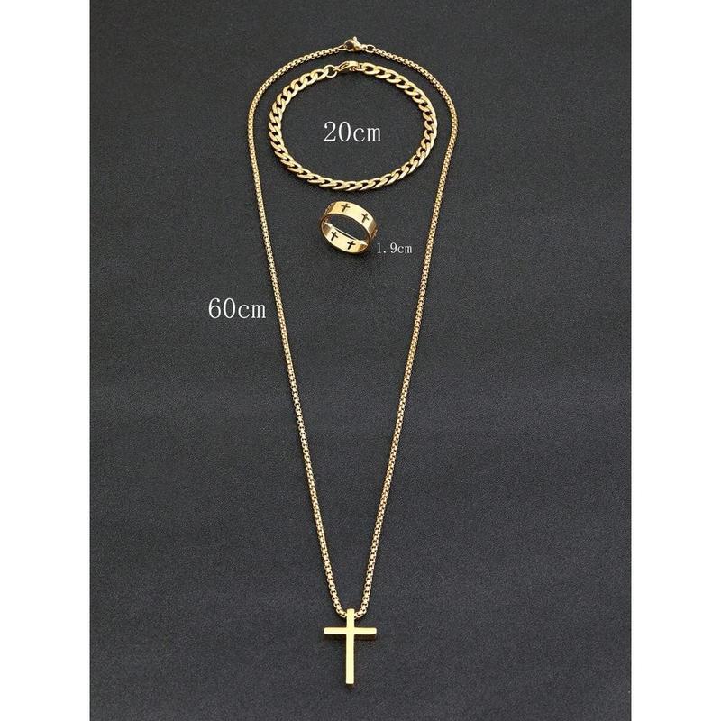 Deluxe Men's Alloy Cross Adornment Set with Ring, Bracelet & Necklace