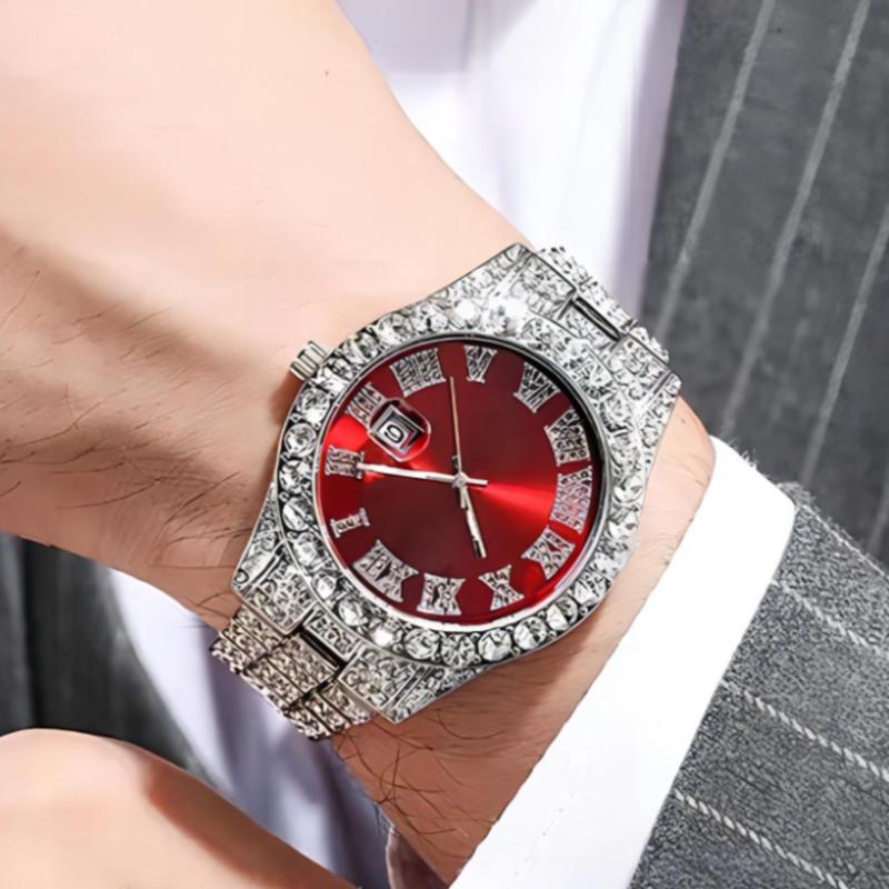 Men Rhinestone Decor Round Pointer Date Quartz Watch Holiday