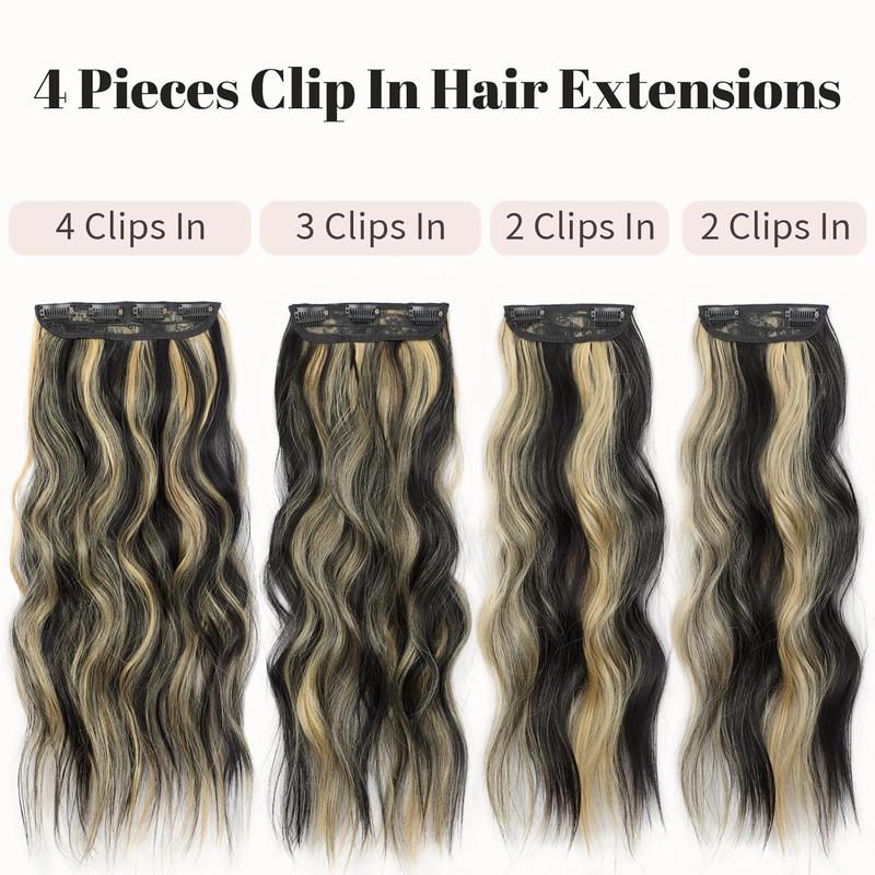 [ KooKaStyle ]Clip in Long Wavy Synthetic Hair Extension 20 Inch 4PCS Balayage Dark Brown to Chestnut Hairpieces Fiber Thick Double Weft Hair Extension for Women