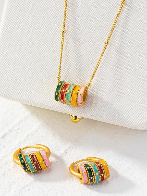 Elegant Colorblock Geometric Design Pendant Necklace & Hoop Earrings, Fashion All-match Accessories for Women, Trendy Enamel Jewelry for Party and Daily Life without Box