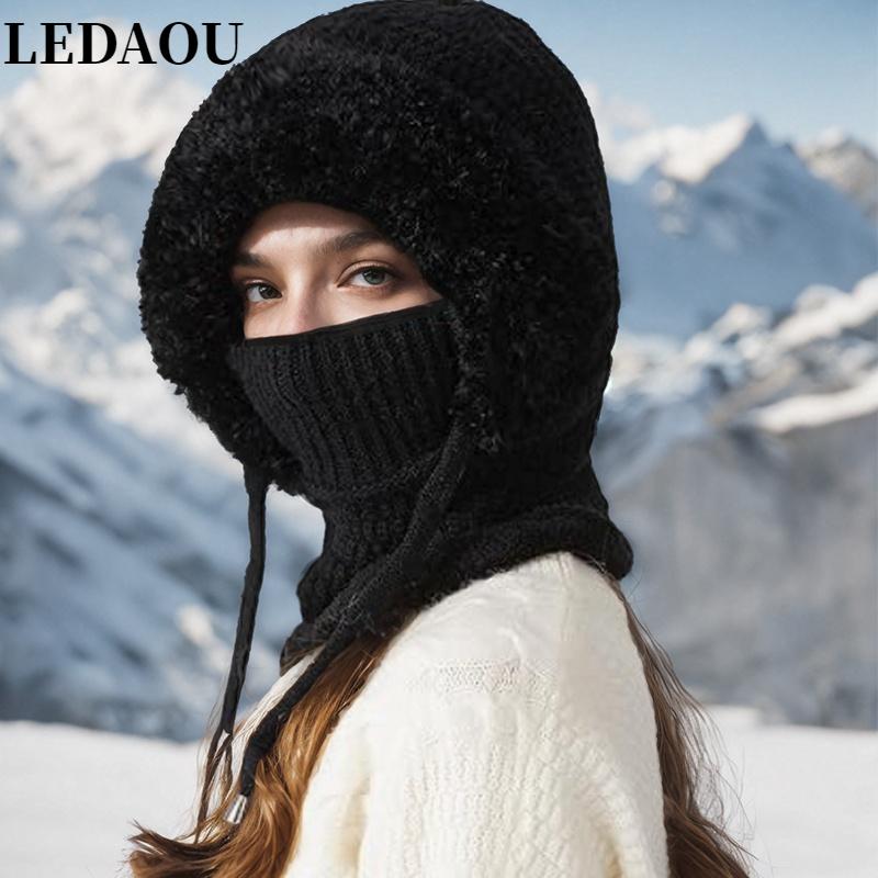 LEDAOU 3 in 1 Beanie Hat For Women, Knitted Ski Scarf and Face Mask Set, Hooded One Piece Windproof Warm Snow Cap Balaclava Sherpa Hood