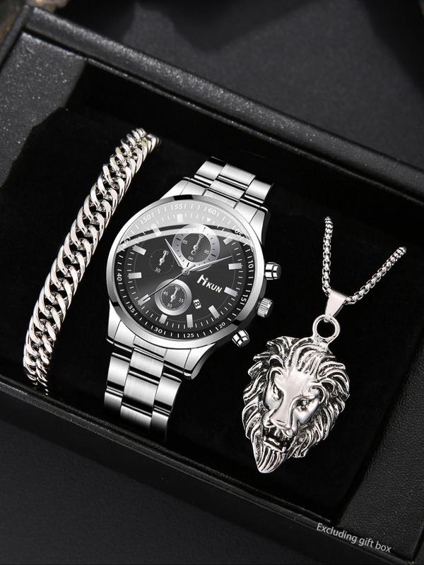 Men's Business Fashion Watch & Jewelry Set, Including Round Dial Analog Quartz Watch & Lion Head Design Pendant Necklace & Bracelet, Trendy Watch Set for Men