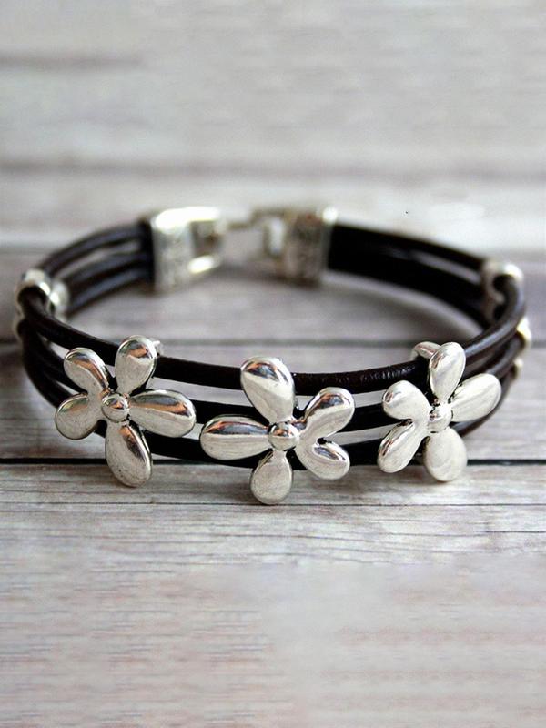 Boho Style Flower Design Bangle, Vintage Retro Multi-layered Bracelet for Women & Girls, Fashion Jewelry for Party, Daily Decor, Trendy All-match & Exquisite Jewelry for Birthday Gift