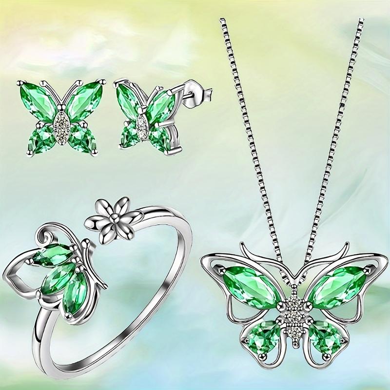 A set of four fashionable butterfly necklace, earrings and rings that are very suitable for daily wear by women. A fashionable jewelry set for gifting