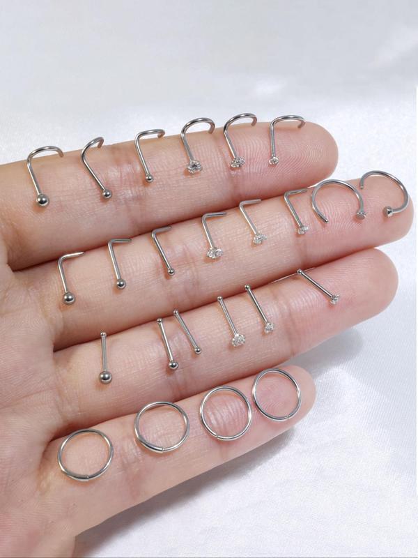 Minimalist Funky Rhinestones Decor Nose Ring, 24pcs set Stainless Steel Nose Stud Set for Women & Girls, Jewelry for Body Decoration