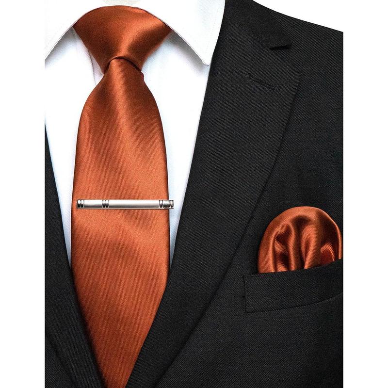 Mens Solid Color Formal Necktie and Pocket Square, Tie Clip Sets