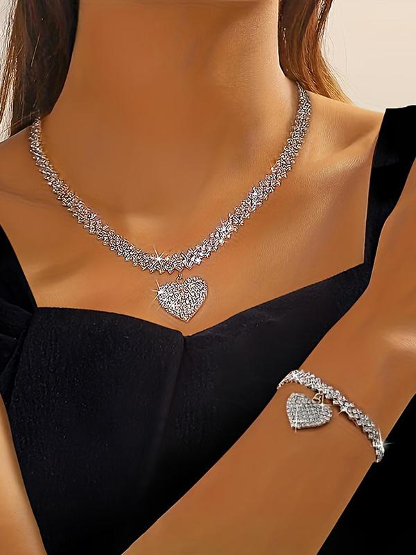 Women's Elegant Rhinestone Decor Heart Design Necklace & Bracelet, Exquisite Trendy Jewelry Set, Fashionable Accessories for Party & Daily Clothing Decor