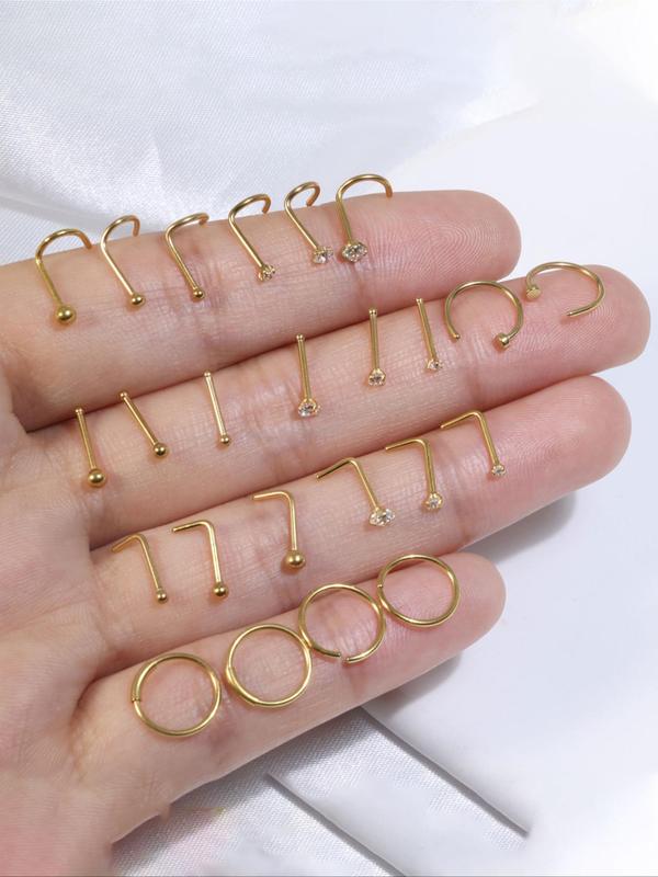 Minimalist Funky Rhinestones Decor Nose Ring, 24pcs set Stainless Steel Nose Stud Set for Women & Girls, Jewelry for Body Decoration