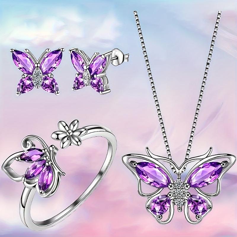 A set of four fashionable butterfly necklace, earrings and rings that are very suitable for daily wear by women. A fashionable jewelry set for gifting