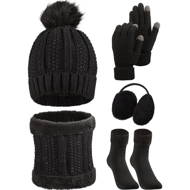 5 Count Winter Hat Scarf Gloves Set Lined Knit Beanie Hat Warm Touch Screen Gloves Earmuff Warmer for Women