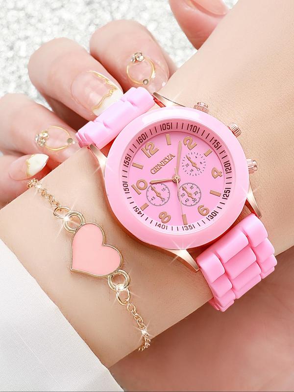 Fashion Round Dial Quartz Watches & Heart Charm Bracelets Set, without Box, Trendy Exquisite Jewelry Set for Birthday Gift