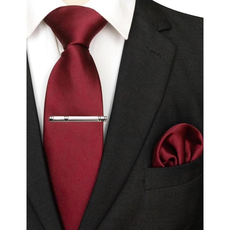 Mens Solid Color Formal Necktie and Pocket Square, Tie Clip Sets