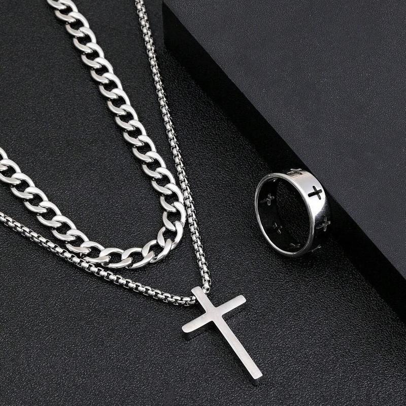 Deluxe Men's Alloy Cross Adornment Set with Ring, Bracelet & Necklace