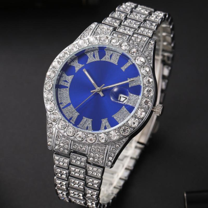 Men Rhinestone Decor Round Pointer Date Quartz Watch Holiday