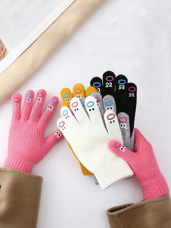 Random Color Cute Cartoon Expression Pattern Full Finger Gloves, Women's Cute Knitted Warm Touch Screen Gloves, Fashion Accessories for Fall & Winter