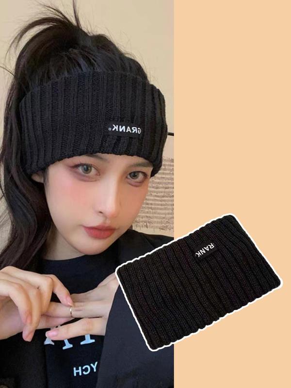 Women's Letter Patch Solid Color Knit Hair Band, Casual Wide Band Hair Band for Fall & Winter, Fashion Warm and Stylish Hair Band for Women, Suitable for Street, Outdoor Sports