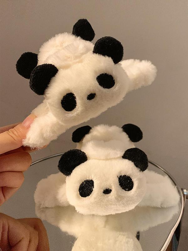 Cute Panda Design Fluffy Plush Hair Claw, Fashionable Hair Accessories for Women & Girls, Minimalist Headwear Suitable for Thick Hair