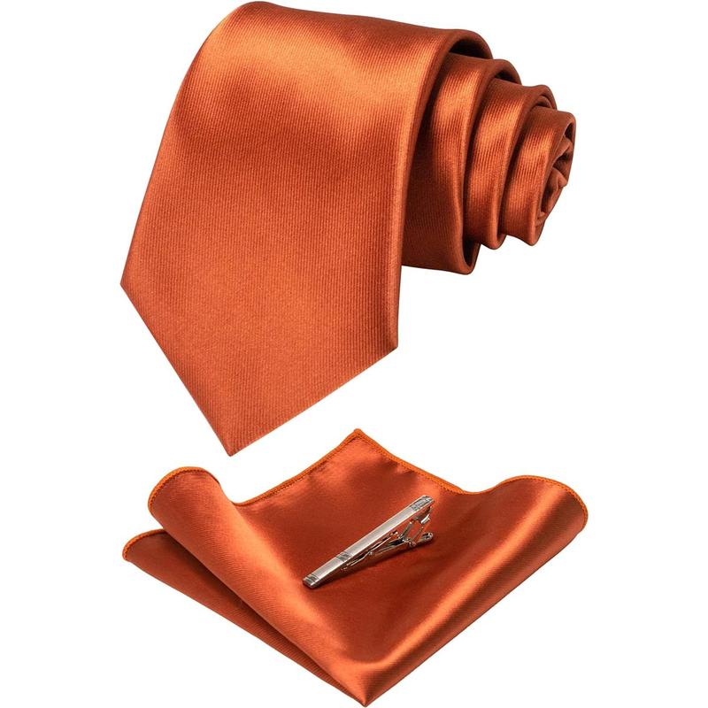 Mens Solid Color Formal Necktie and Pocket Square, Tie Clip Sets