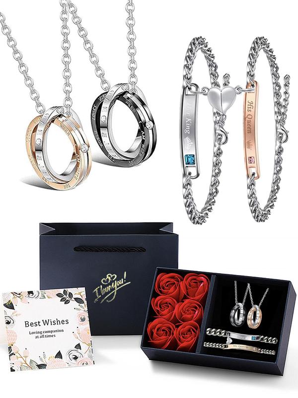 Couple's Elegant Heart Design Couple Jewelry Set, Trendy Exquisite Bracelets & Pendant Necklaces, Chic Jewelry Set As Gift for Girlfriend & Boyfriend with Rose Gift Box