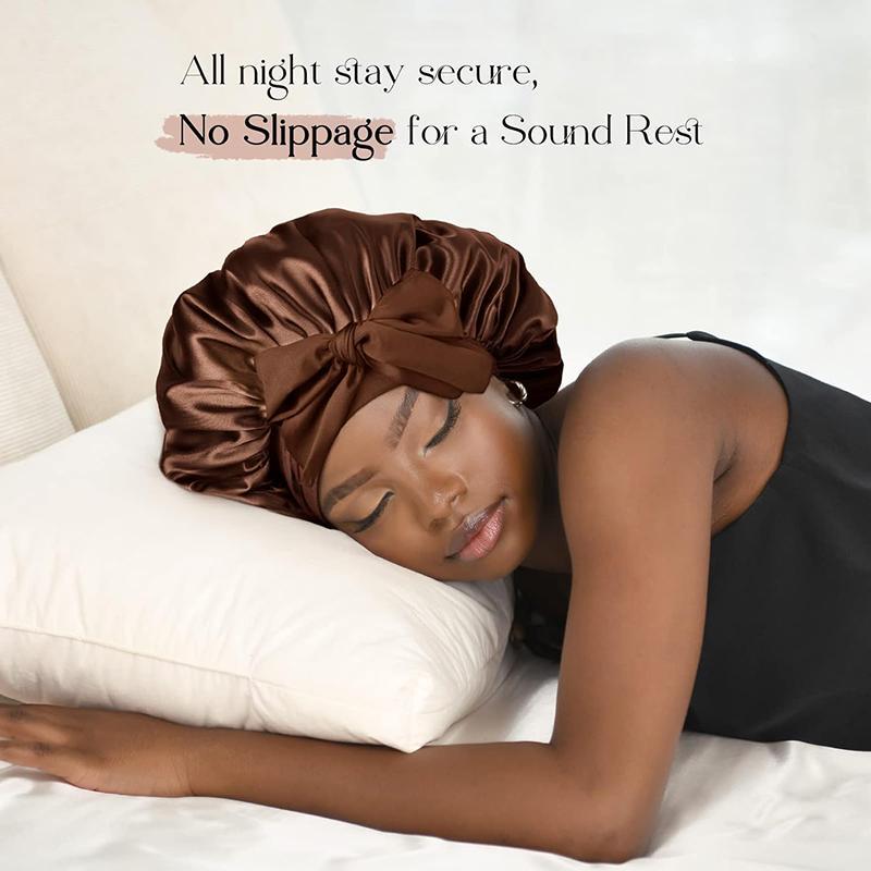 Solid Color Satin Bonnet with Satin Scrunchies, 2 Counts set Soft Silky Bonnet for Sleeping, Night Cap, Hair Care Hat with Tie Band Bonnets