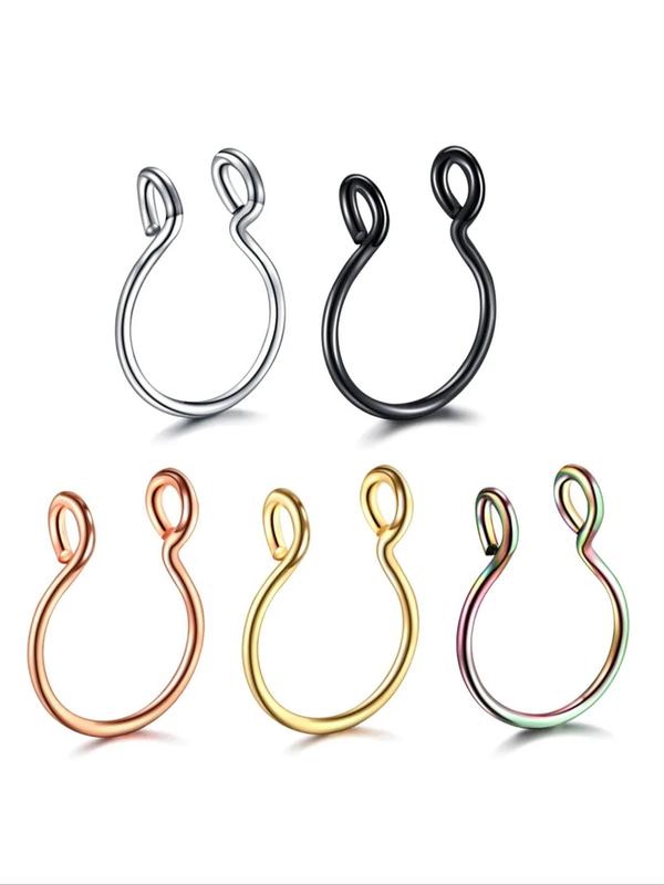 5pcs Stainless Steel Nose Cuff, U-shaped Fake Nose Rings, Casual Trendy Body Jewelry for Daily & Party Wear