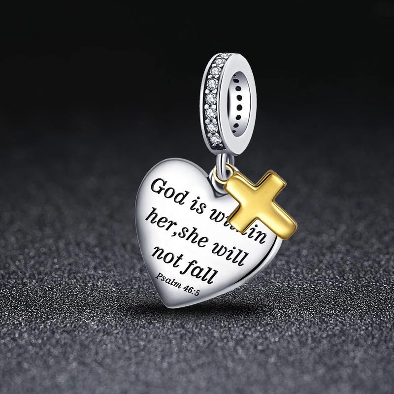 Love Heart Charm Fit for Pandora Charms Bracelet Christian Bible Verse Cross Charm Prayer Faith Religious Jewelry Gifts for Women