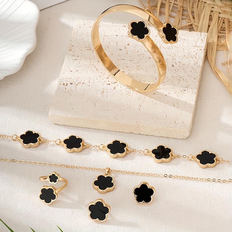 1 Pair Stud Earrings + 1 Pc Necklace + 1 Pc Bracelet + 1 Pc Bangle + 1 Pc Ring With Lucky Flower Design Alloy Jewelry Set Trendy Female Gift