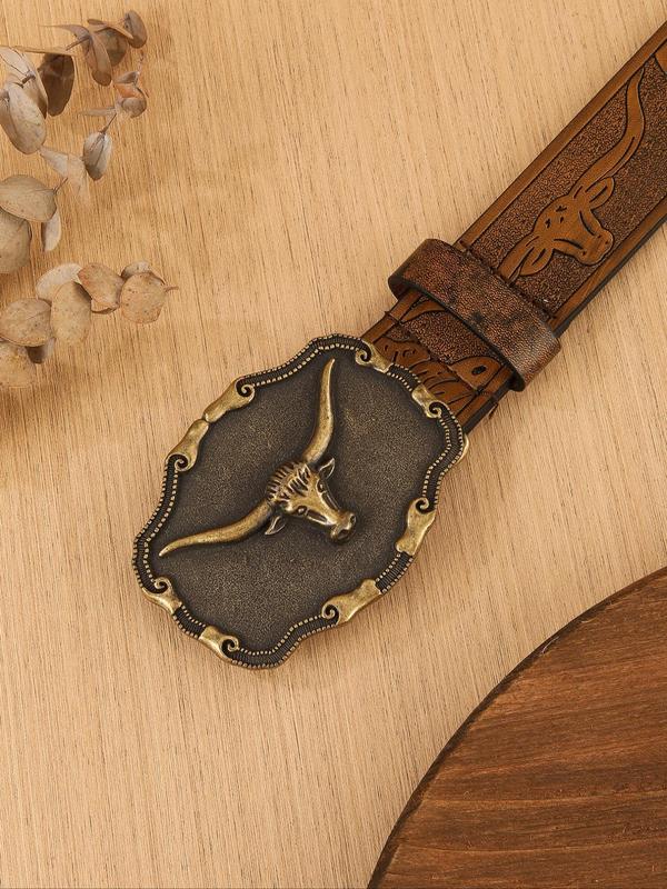 Men's Vintage Western Belt, Fashionable Bull Head Decor Pu Leather Belt for Party, Daily Clothing Decor, Trendy All-match & Exquisite Belt for Birthday Gift