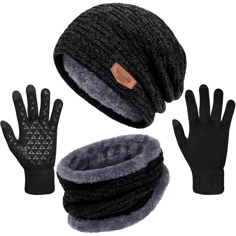 3 Pieces Winter Hat Scarf and Gloves Set for Men and Women, Knit Slouchy Beanie Cap Neck Warmer Screen - Touch Texting Gloves