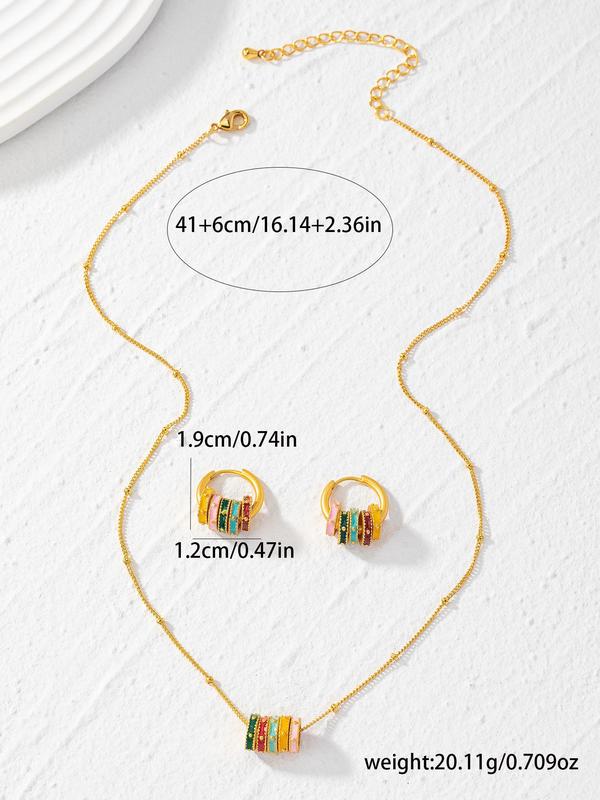 Elegant Colorblock Geometric Design Pendant Necklace & Hoop Earrings, Fashion All-match Accessories for Women, Trendy Enamel Jewelry for Party and Daily Life without Box