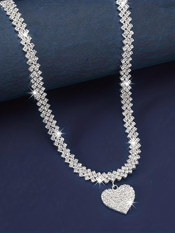 Women's Elegant Rhinestone Decor Heart Design Necklace & Bracelet, Exquisite Trendy Jewelry Set, Fashionable Accessories for Party & Daily Clothing Decor