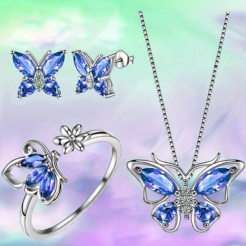 A set of four fashionable butterfly necklace, earrings and rings that are very suitable for daily wear by women. A fashionable jewelry set for gifting