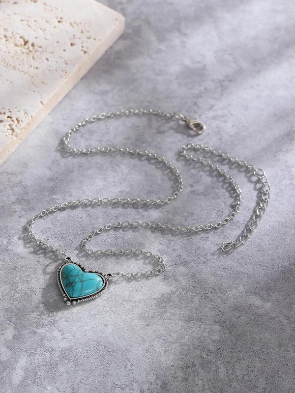 Boho Style Turquoise Texture Decor Heart Design Jewelry Set, Vintage Pendant Necklace & Dangle Earrings, Fashion Jewelry Accessories for Women