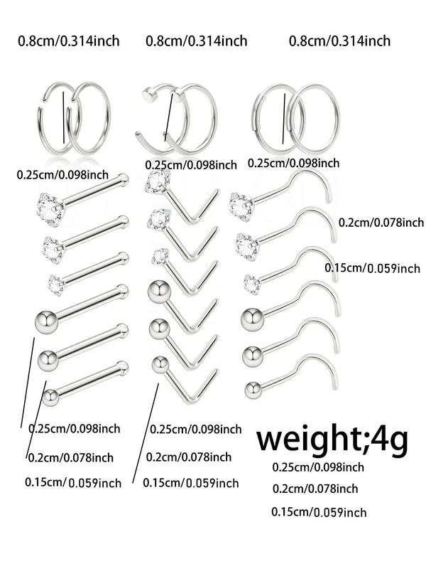 Minimalist Funky Rhinestones Decor Nose Ring, 24pcs set Stainless Steel Nose Stud Set for Women & Girls, Jewelry for Body Decoration