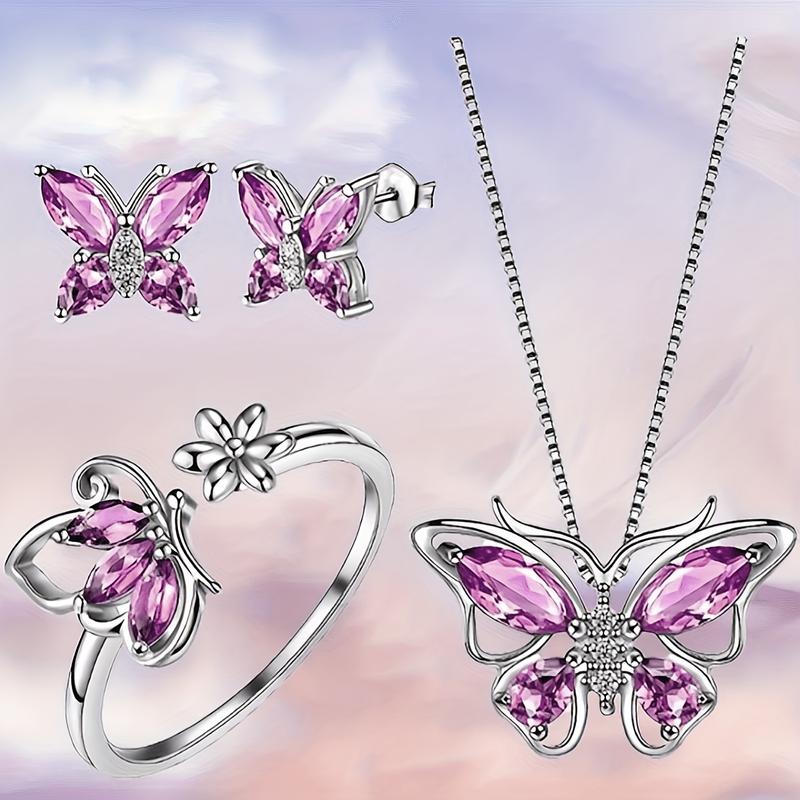 A set of four fashionable butterfly necklace, earrings and rings that are very suitable for daily wear by women. A fashionable jewelry set for gifting