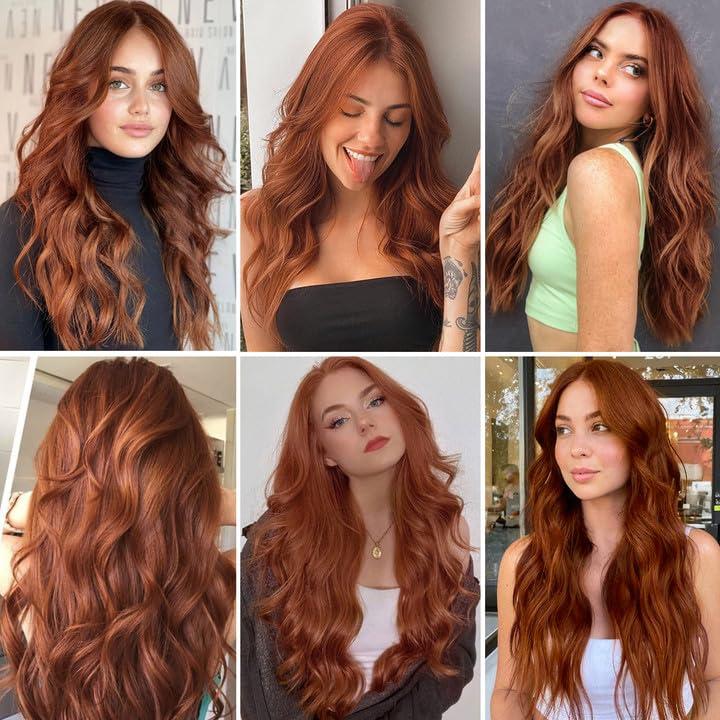 Long Auburn Wavy Wig for Women 26 Inch Middle Part Curly Wavy Wig Natural Looking Synthetic Heat Resistant Fiber Wig for Daily Party Use