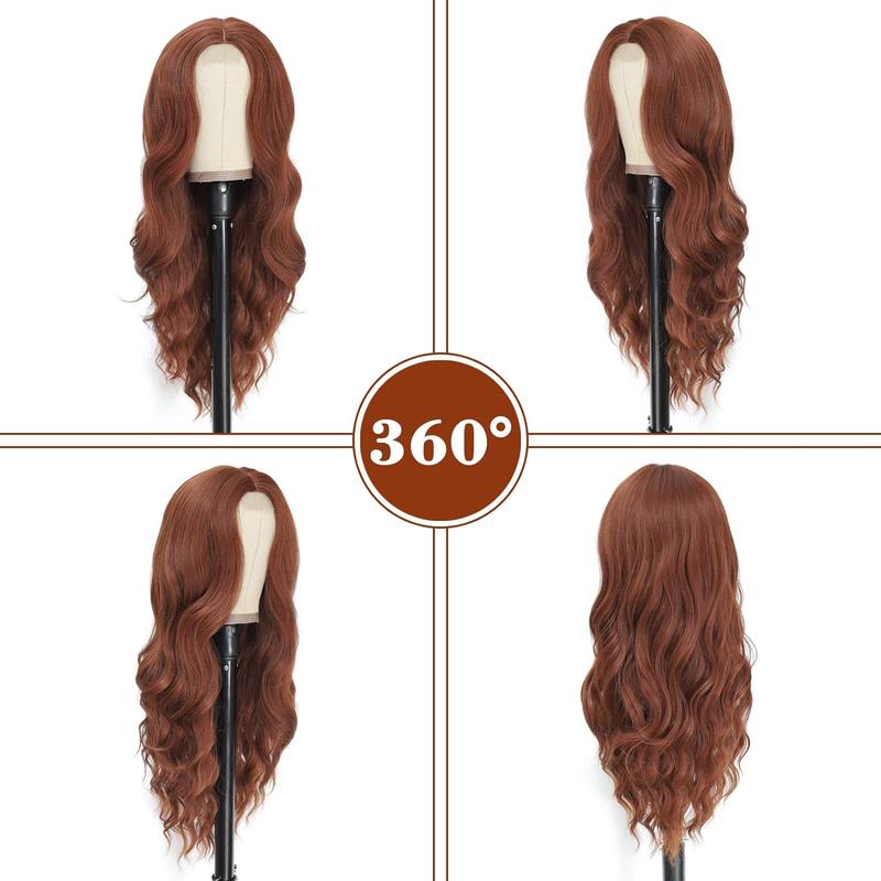 Long Auburn Wavy Wig for Women 26 Inch Middle Part Curly Wavy Wig Natural Looking Synthetic Heat Resistant Fiber Wig for Daily Party Use