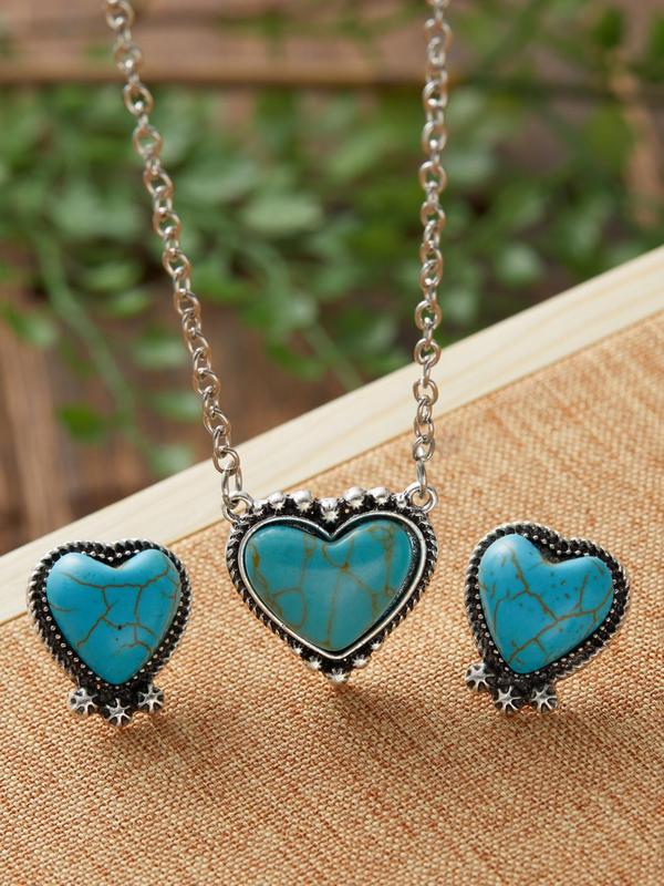 Boho Style Turquoise Texture Decor Heart Design Jewelry Set, Vintage Pendant Necklace & Dangle Earrings, Fashion Jewelry Accessories for Women