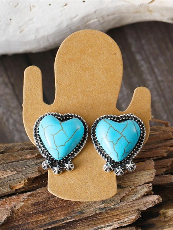 Boho Style Turquoise Texture Decor Heart Design Jewelry Set, Vintage Pendant Necklace & Dangle Earrings, Fashion Jewelry Accessories for Women