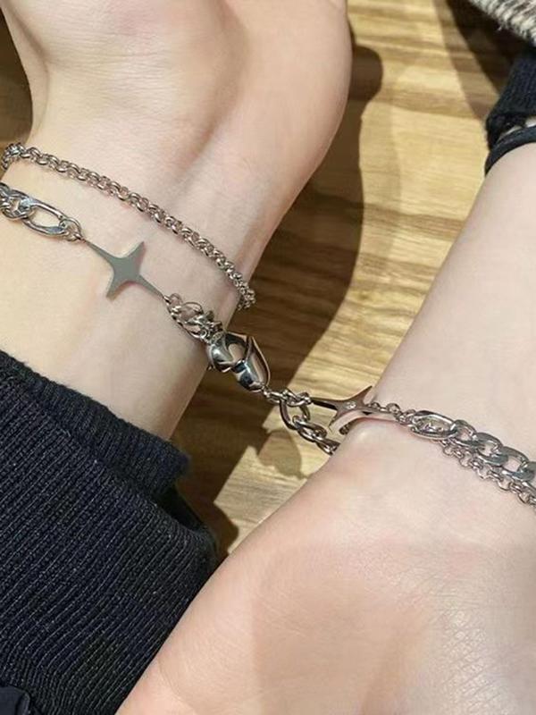 Couple Half Heart & Star Design Tiered Layer Magnetic Bracelet, Fashion All-match Zinc Alloy Jewelry, Daily Clothing Decoration, Streetwear Accessory