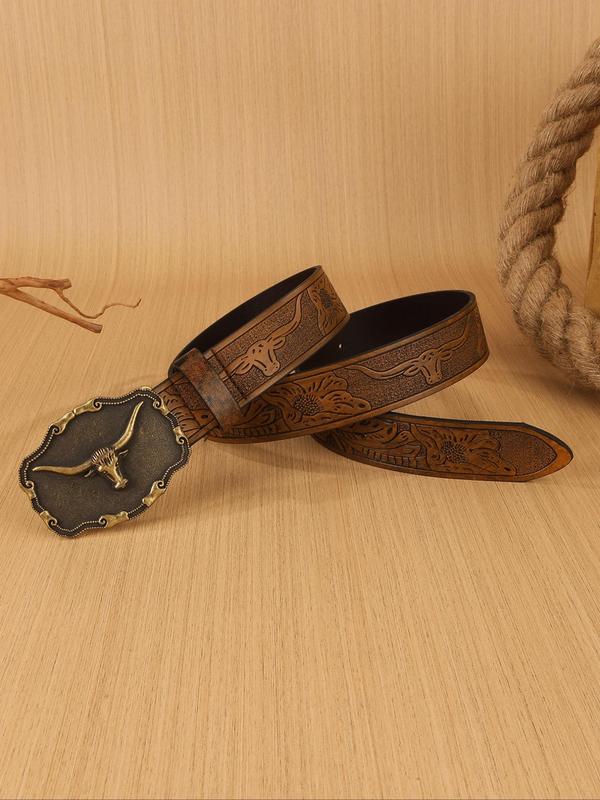 Men's Vintage Western Belt, Fashionable Bull Head Decor Pu Leather Belt for Party, Daily Clothing Decor, Trendy All-match & Exquisite Belt for Birthday Gift