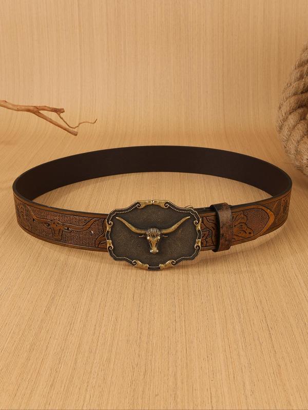 Men's Vintage Western Belt, Fashionable Bull Head Decor Pu Leather Belt for Party, Daily Clothing Decor, Trendy All-match & Exquisite Belt for Birthday Gift